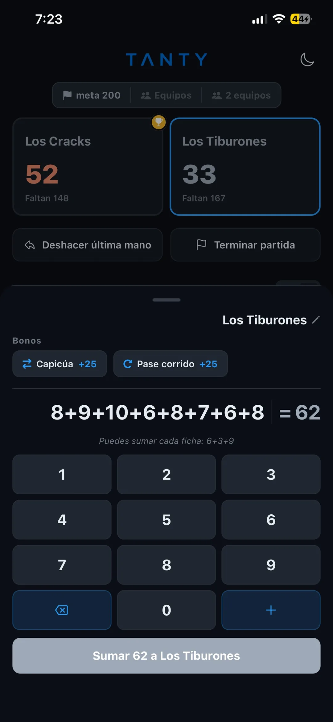 Suma cada ficha, una a una